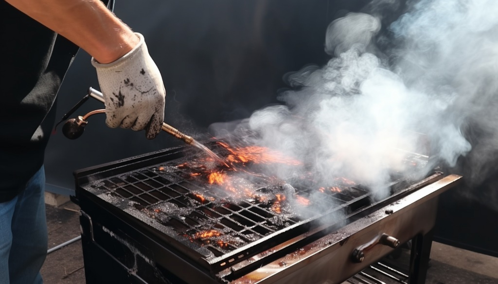 A brush being used to clean grills of an electric smoker - Sacramento, California