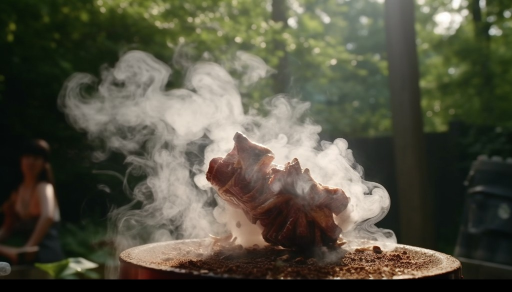 A backyard smoker billowing with flavorful smoke from hickory chunks – Atlanta, USA