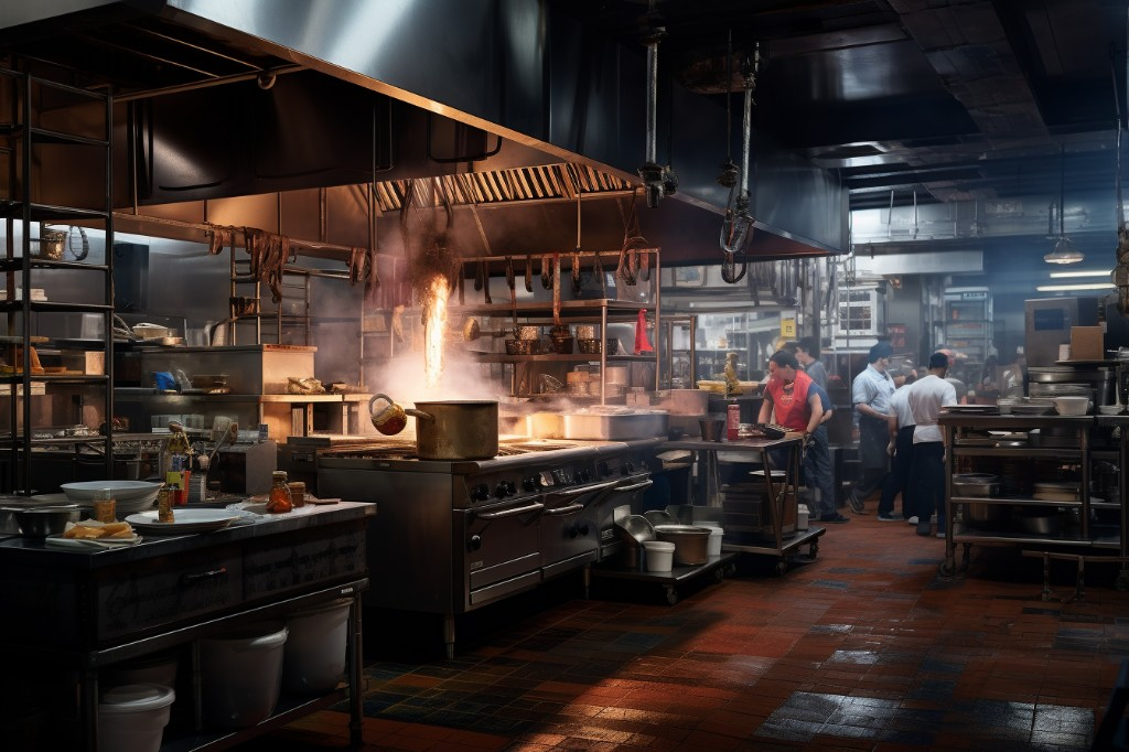 A busy restaurant kitchen with an offset smoker in operation - New York, USA