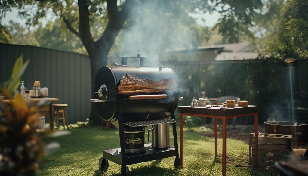 A classic offset smoker set up for a backyard barbecue - Austin, USA