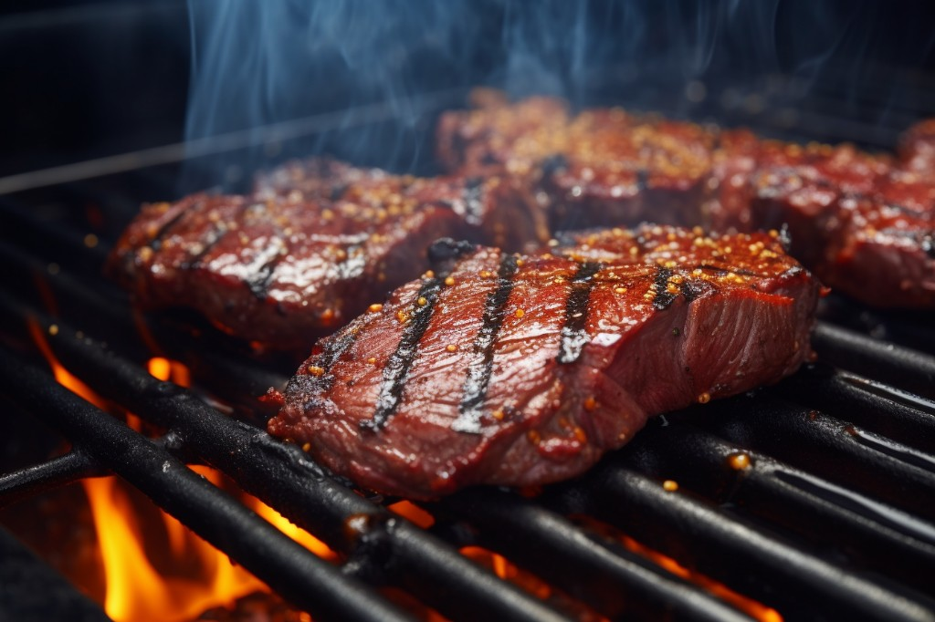 A close-up shot of succulent steaks being grilled on a compact pellet grill - Denver, USA