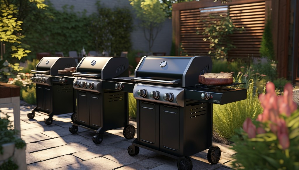 A collection of budget-friendly propane gas grills in a home garden - New York, USA