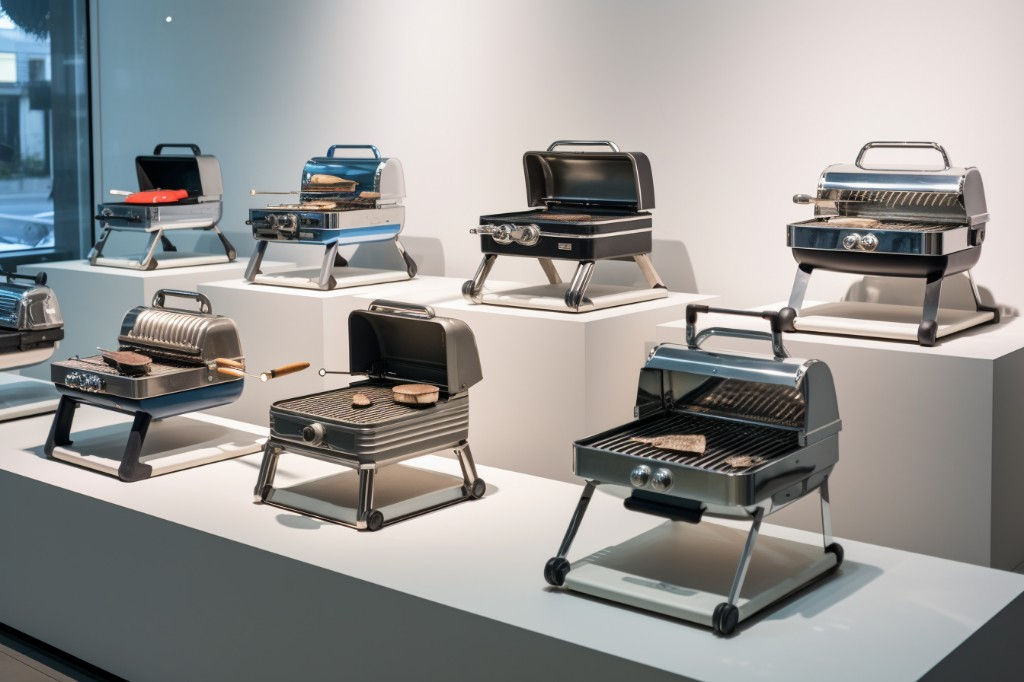 A collection of compact gas grills on display - London, United Kingdom
