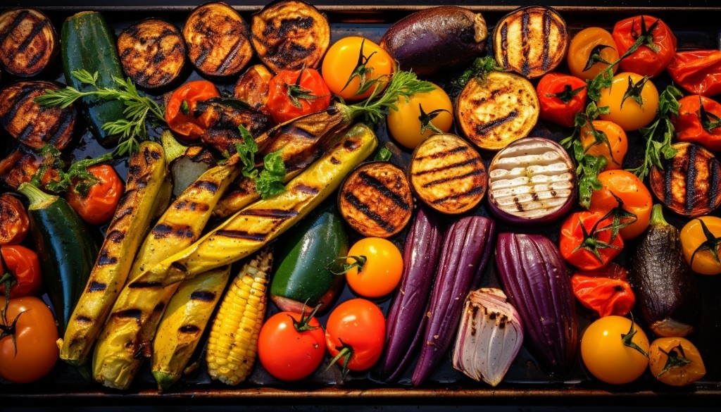 A colorful array of grilled vegetables fresh off the pellet grill - Portland Oregon