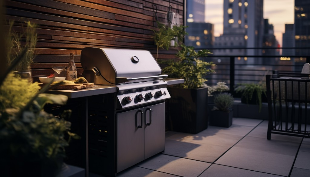 A compact gas grill in a modern outdoor home setting - New York City, United States