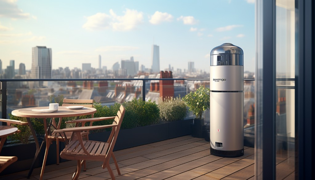 A compact-sized electric smoker placed on a balcony with city view - London, UK