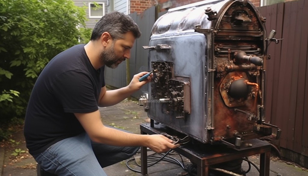 A DIY enthusiast inspecting his offset smoker for any possible repairs - Boston, USA