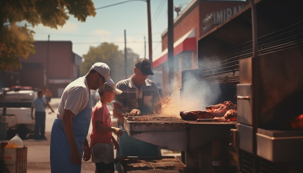 A family choosing a new BBQ smoker for their home at a local market- Memphis, USA