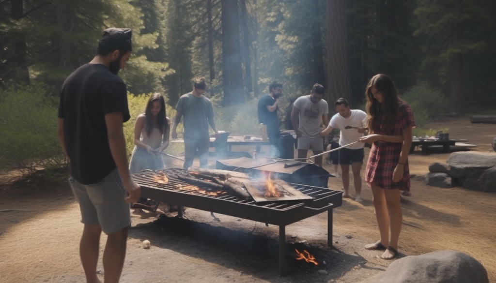 A group of people using a pellet grill while camping - Yosemite National Park, USA