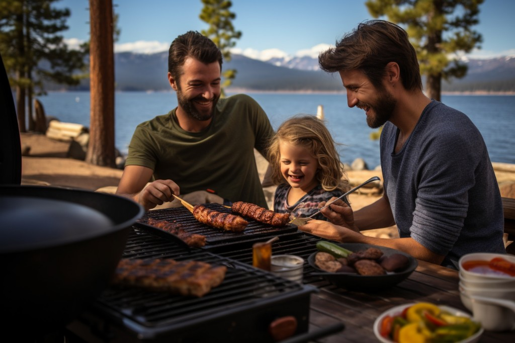 A happy family enjoying a meal cooked on a portable pellet grill while camping - Lake Tahoe, USA