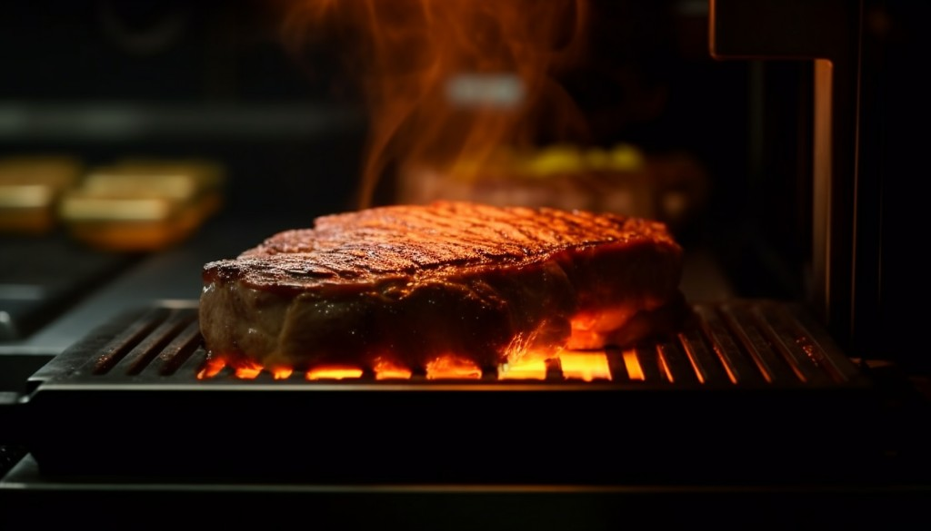 A juicy steak being seared on an infrared grill - New York City, USA