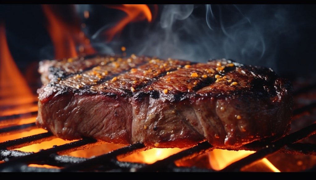 A juicy steak grilling on a barbecue grill using lump charcoal - Kansas City , USA