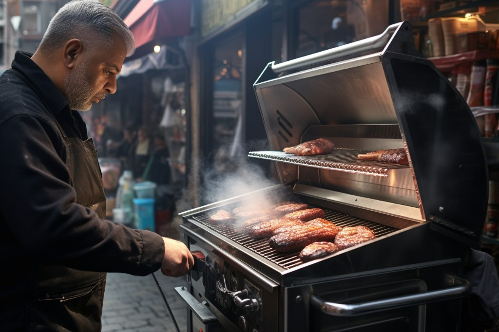 A man adjusting the temperature on his pellet grill - New York, USA
