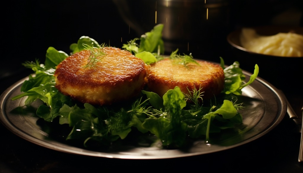 A perfectly golden brown fishcake made from smoked fish served alongside fresh greens- Boston, USA