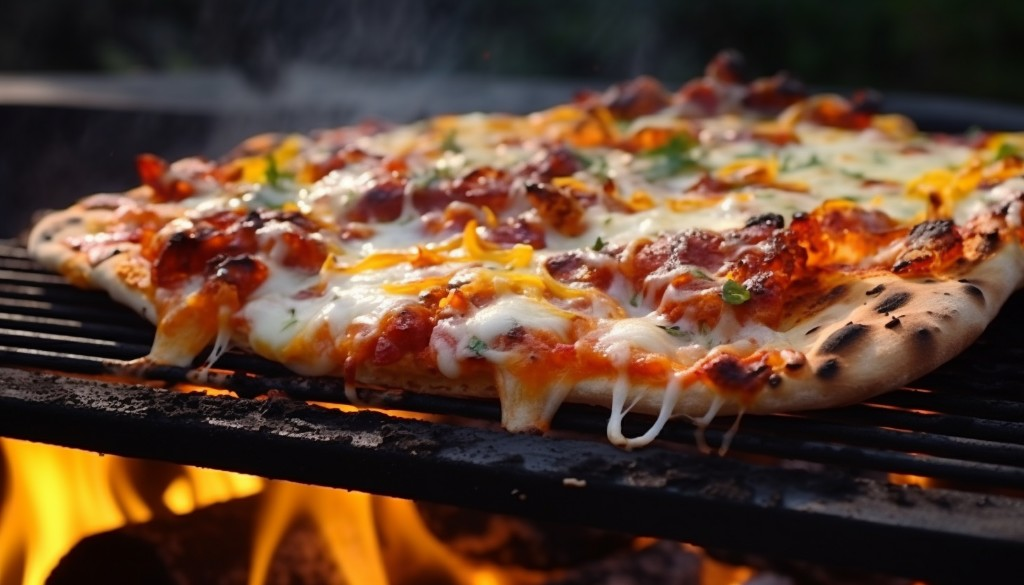 A perfectly grilled pizza on a pellet grill with melting cheese and crispy crust - New York, USA
