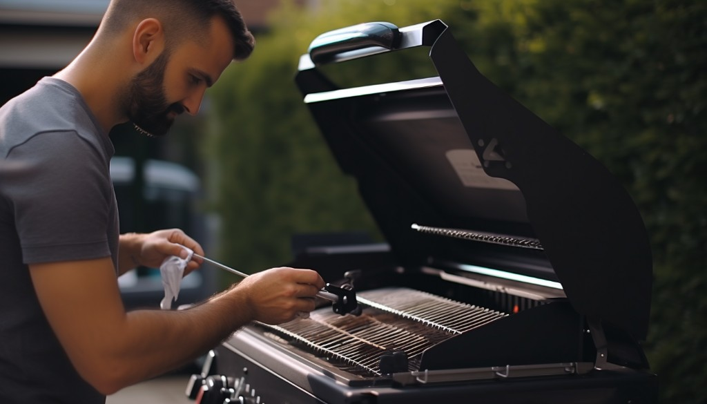 A person cleaning a compact gas grill - Sydney Australia