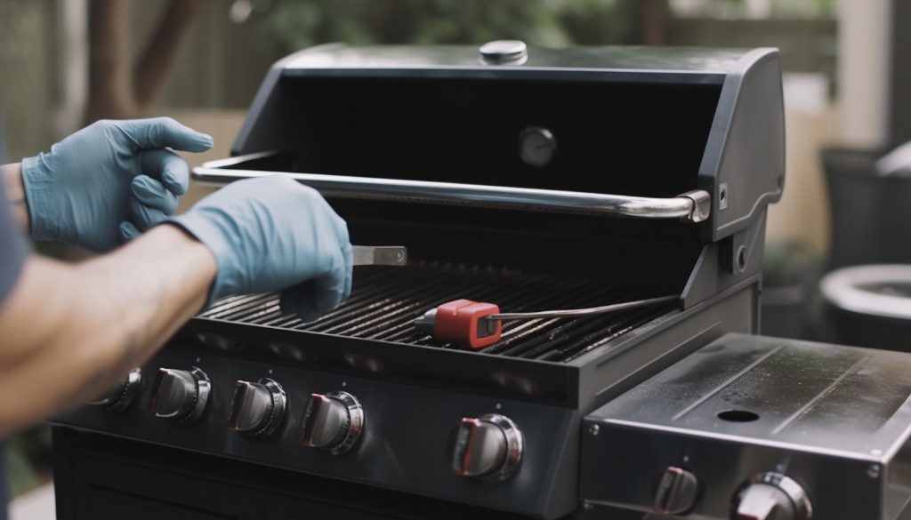 A person demonstrating safety measures before starting gas grill troubleshooting - Houston, USA