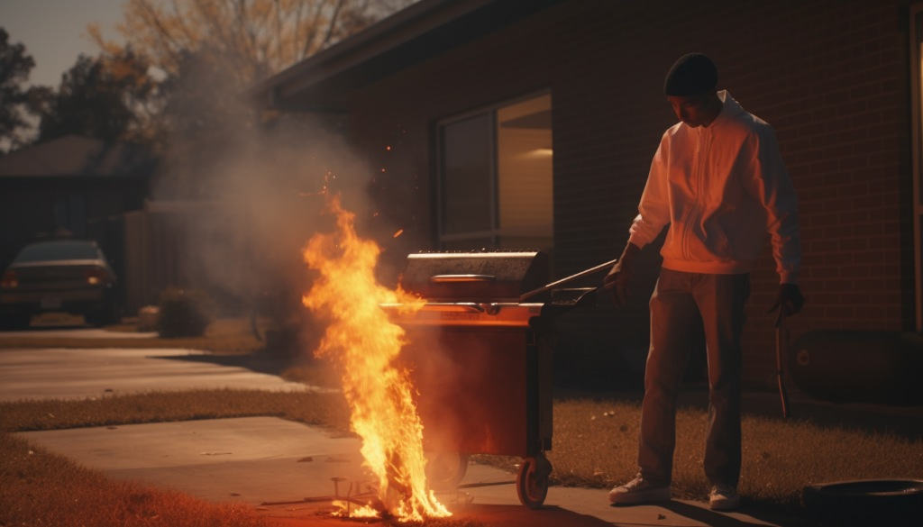 A person grilling wearing appropriate clothing with a fire extinguisher nearby - Memphis, USA