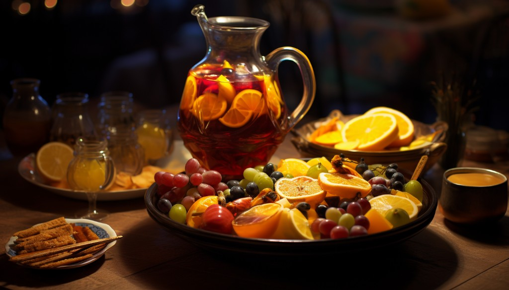 A pitcher of Sangria placed next to a platter of assorted smoked dishes - Barcelona, Spain
