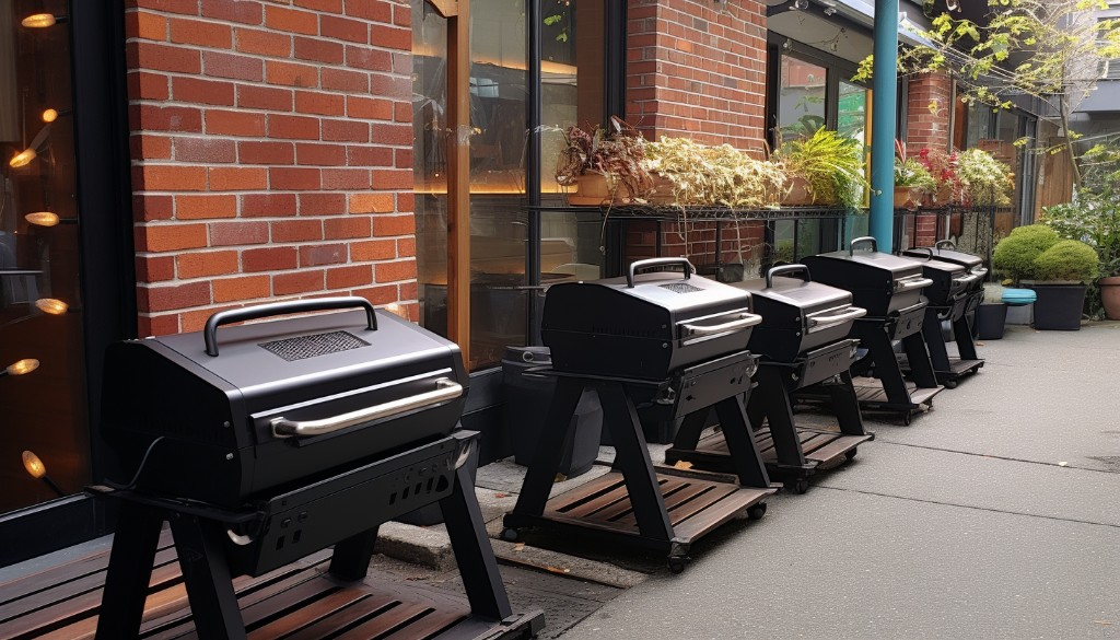 A range of compact pellet grills on display at an outdoor cooking store - Seattle, USA