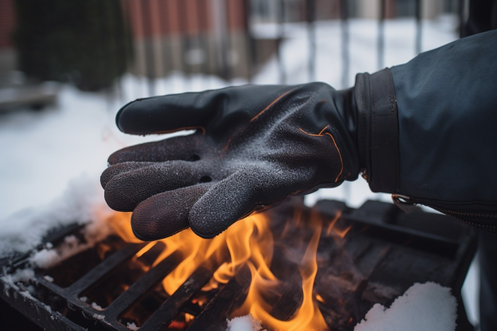 A safety glove being used while managing fire during a winter grilling session – Minneapolis, USA