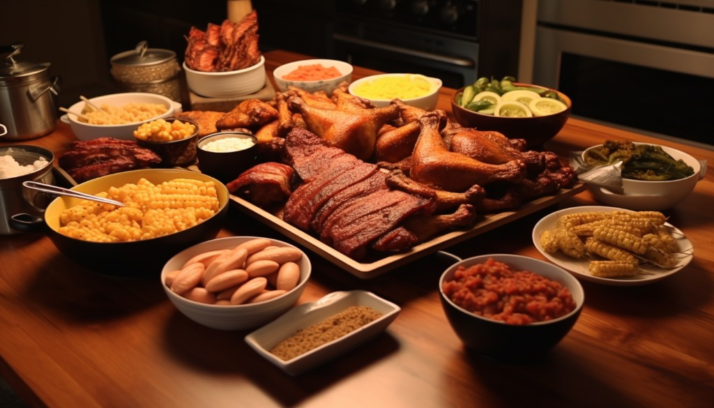 A spread of Carolina Style BBQ including whole hog and pulled pork shoulders - Lexington, North Carolina