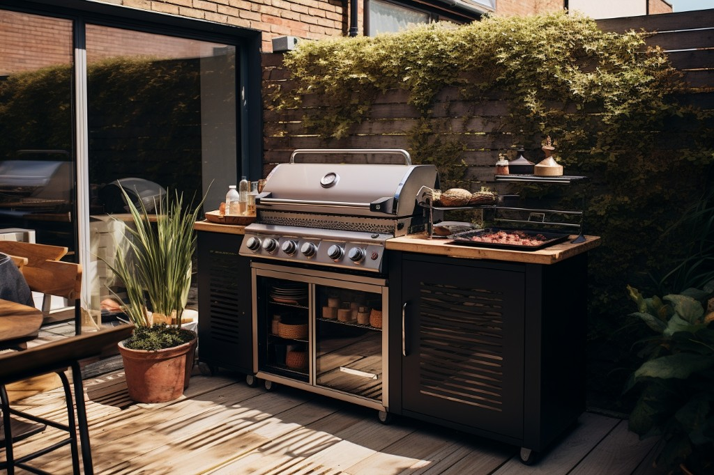 A state-of-the-art multifunctional gas grill set up in a cozy backyard - London, United Kingdom