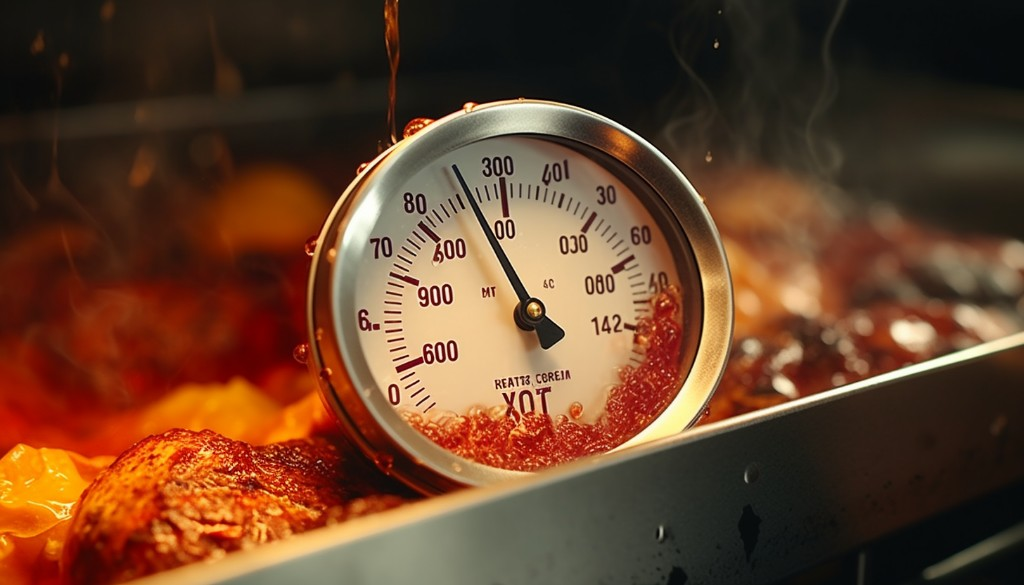 A thermometer showing the temperature inside an offset smoker - Kansas City, USA