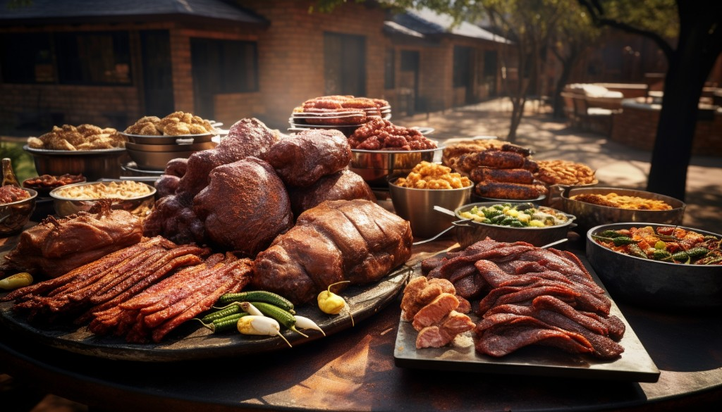 A traditional barbecue setup with a variety of hot-smoked meats - Austin, USA
