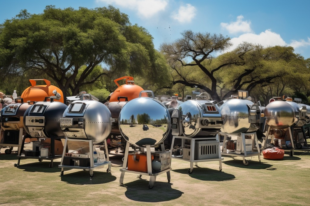 A variety of BBQ cookers displayed at an outdoor event - Austin, USA