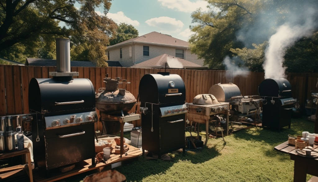 A variety of BBQ smokers set up in a backyard - Austin, USA