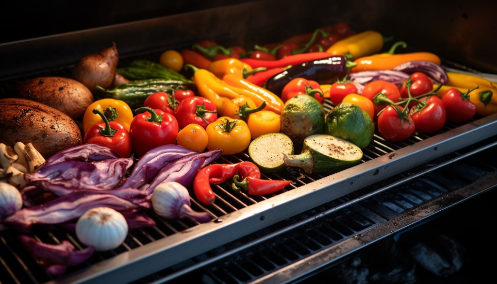 A variety of colorful vegetables grilling on an offset smoker - Austin, United States