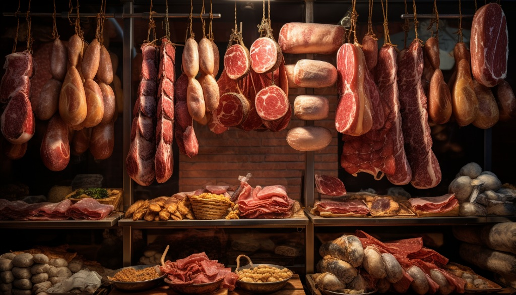 A variety of cured meats ready for cold smoking - Bologna, Italy