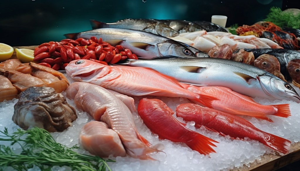 A variety of fresh fish laid out on a market stall ready to be chosen for smoking - Seattle, USA
