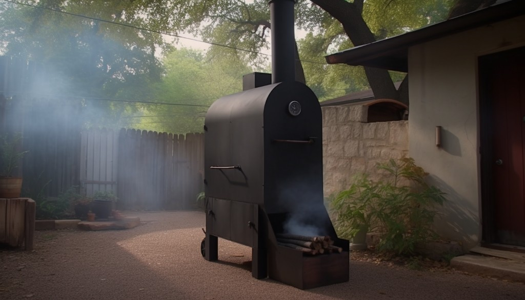 A well-crafted offset smoker in a backyard setting - Austin, Texas
