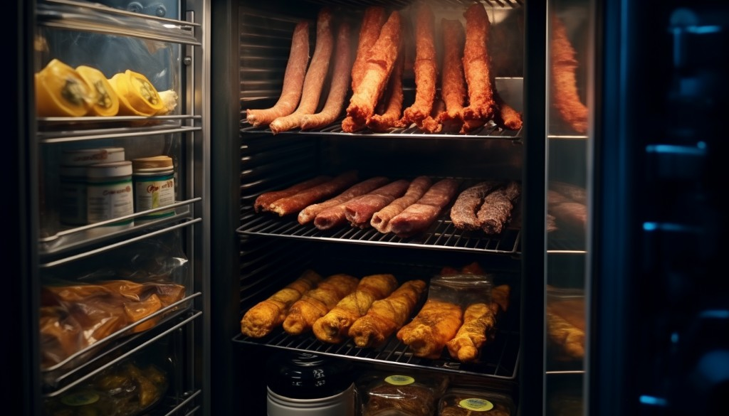 An assortment of foods being smoked in an electric smoker – New York City, United States
