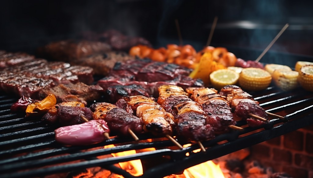 An assortment of mouth-watering foods being cooked on a pellet grill - Austin, Texas