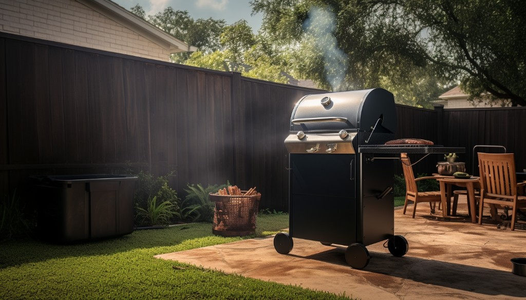 An offset smoker ready for a barbecue session at a family backyard gathering - Houston, Texas