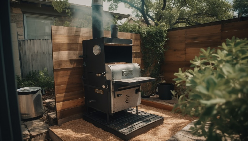An offset smoker set up for a backyard barbecue - Austin, Texas