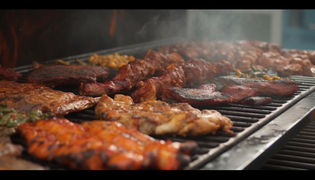 Assorted barbecued food being cooked over a pellet grill - Nashville, USA