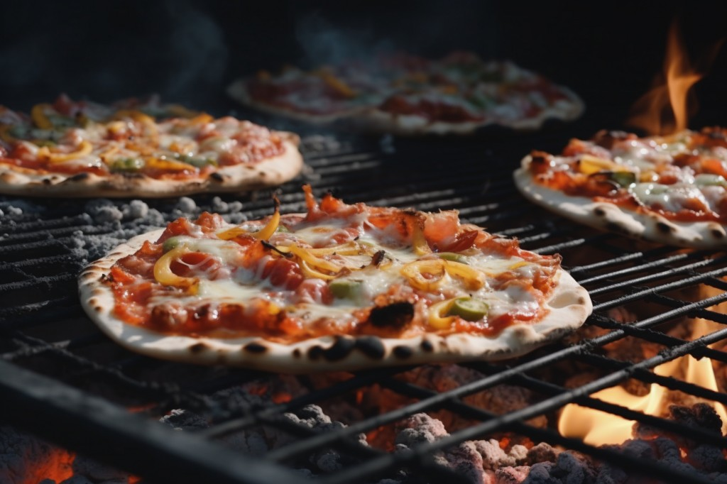 Assortment of delicious pizzas being grilled on pellet grills- Chicago, USA