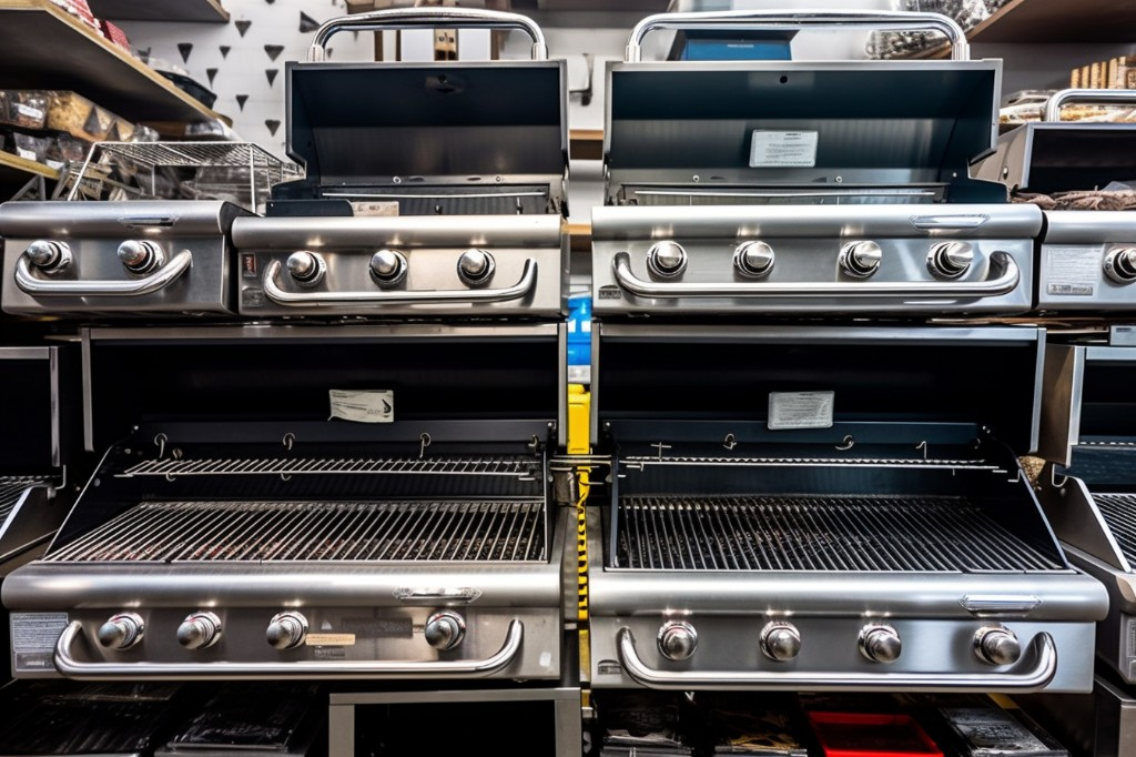 Assortment of top-tier multifunctional gas grills on display at a kitchenware shop - New York City, USA