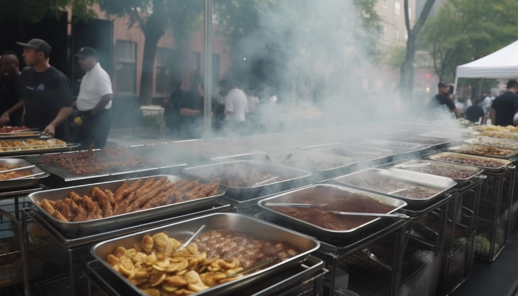 Catering setup with multiple smokers at an outdoor event - New York City, USA