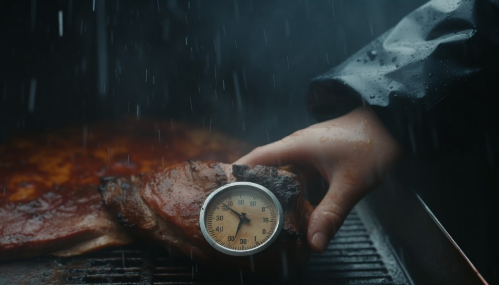 Checking meat temperature during smoking process with a thermometer under rainy conditions - Seattle, USA