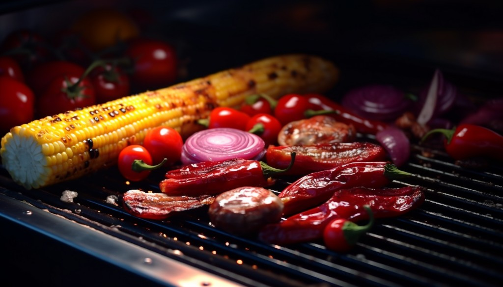 Close up of an infrared grill, sizzling with delicious vegetarian food - Texas, USA