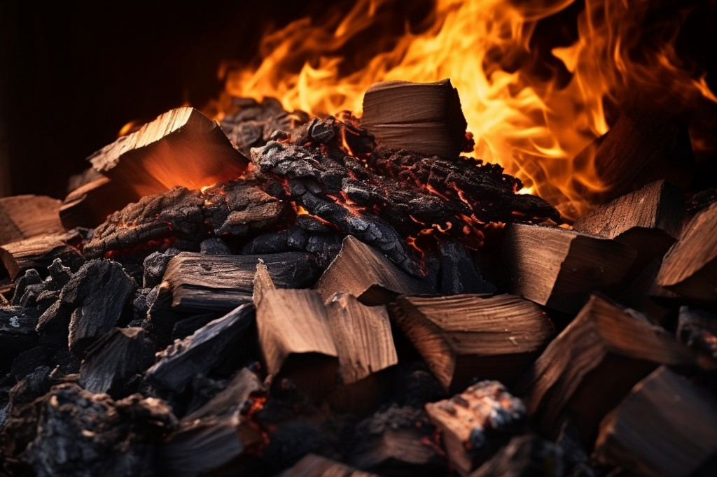 Close-up of burning wood chips and charcoal in a firebox - Memphis, USA