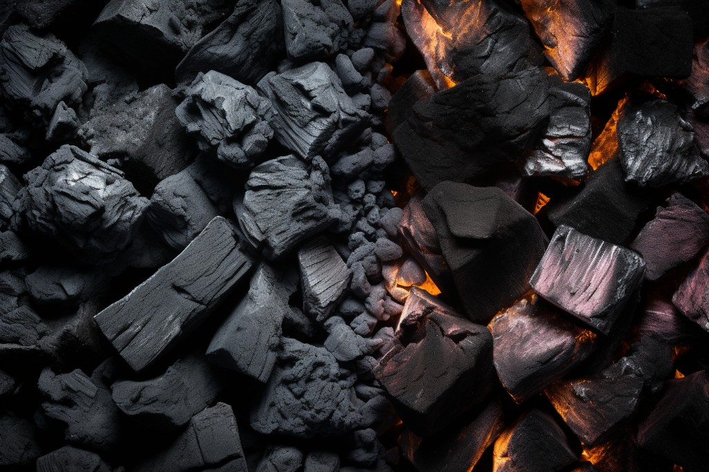 Close up of lump charcoal and briquettes side by side - Austin, USA