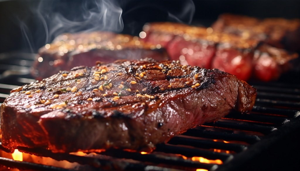 Close-up of steaks being cooked on a Traeger Tailgater grill - Portland, USA