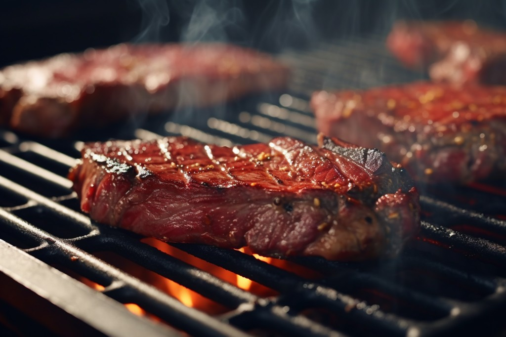 Close-up shot of perfectly grilled steaks on a Weber Q2200 at a stadium parking lot - Chicago , USA