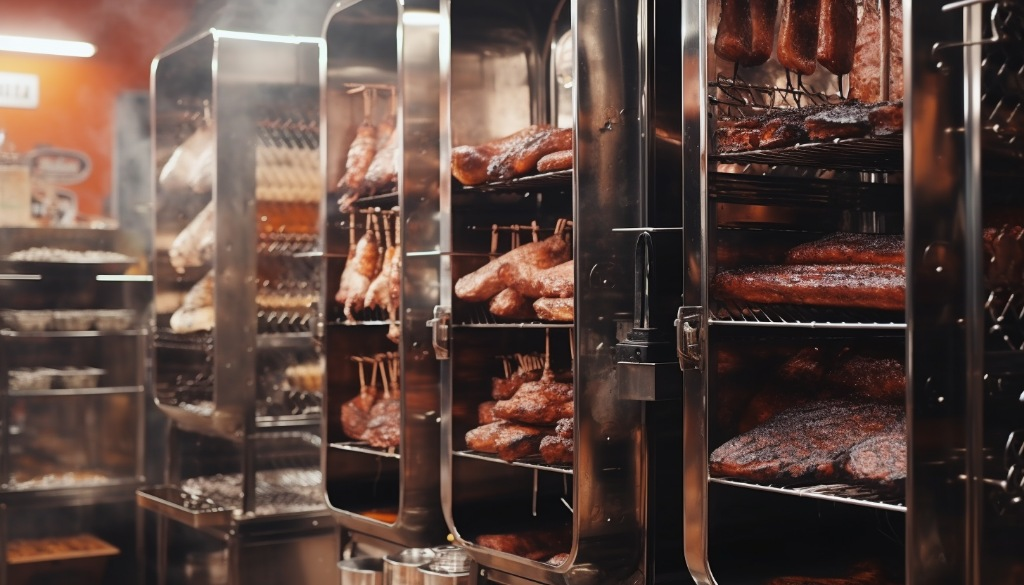 Close-up view of different types of BBQ smokers displayed in a store - Kansas City, USA